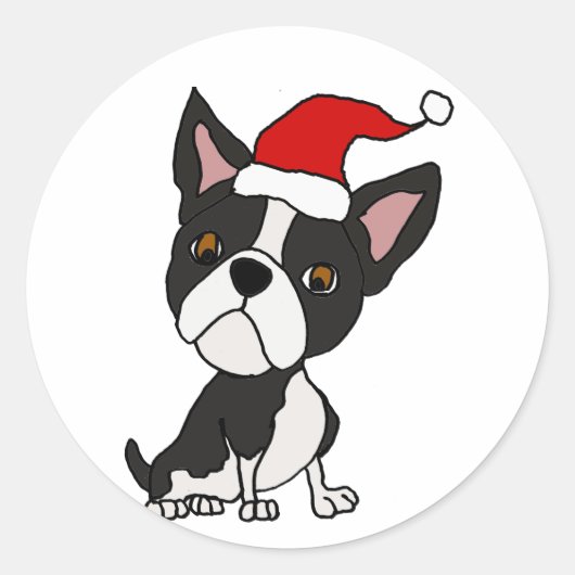 Sticker Rond Funky Boston Terrier Chien à Santa Hat Noël (Devant)