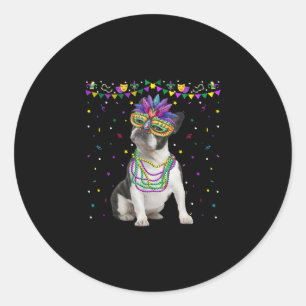 Sticker Rond Funky Boston Terrier portant le Masque de Carnaval