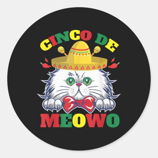 Sticker Rond Funky Chat Bow Cravate Cinco De Mayo Kitty Meow C (Devant)