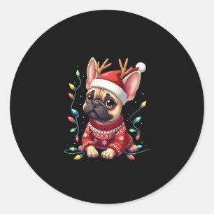 Sticker Rond Funky French Bulldog Christmas Light Santa Hat Rei