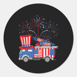 Sticker Rond Funky Oncle Sam Firetruck Et Fireworks Usa Drapeau