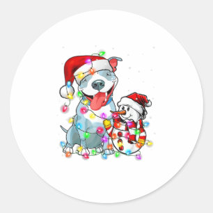 Sticker Rond Funky Pitbull Chien Noël Tee Snowman Xmas Light