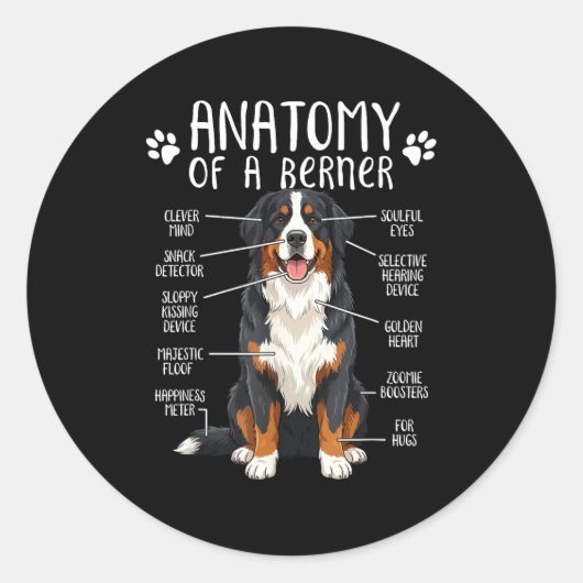 Sticker Rond Funny Anatomy Bernese Mountain Dog Cute Berner Lov (Devant)