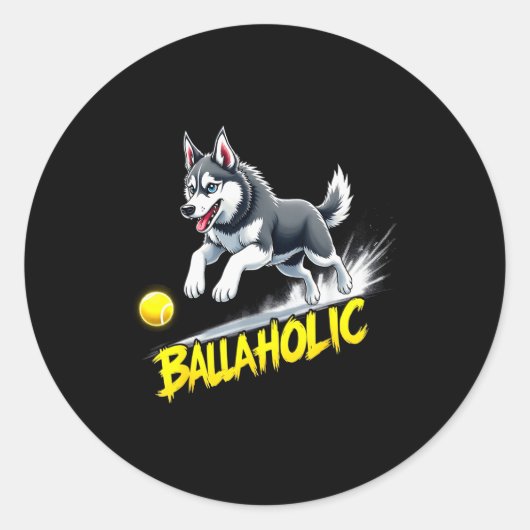 Sticker Rond Funny Ballaholic Siberian Husky Dog Chasing Ball (Devant)