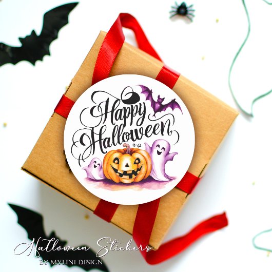Sticker Rond Funny Bat Ghosts and Pumpkin Happy Halloween