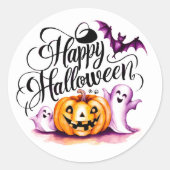 Sticker Rond Funny Bat Ghosts and Pumpkin Happy Halloween (Devant)