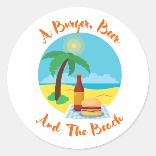 Sticker Rond Funny Beach Summer - Un Burger, Bière Et Plage (Devant)