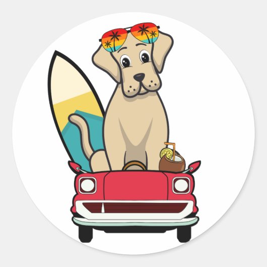 Sticker Rond Funny Big Dog conduit à la plage (Devant)