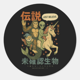 Sticker Rond Funny Bigfoot Alien Unicorn Art japonais Mythique