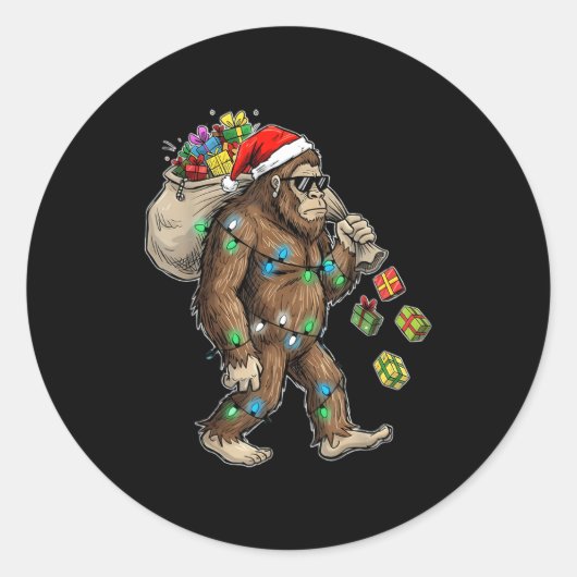 Sticker Rond Funny Bigfoot Christmas Tree Lights Xmas Boys Mens (Devant)