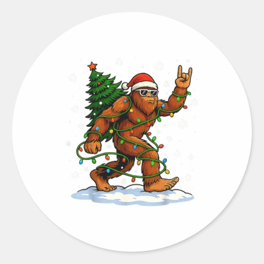 Sticker Rond Funny Bigfoot Rock On Christmas Lights Snow Holida (Devant)