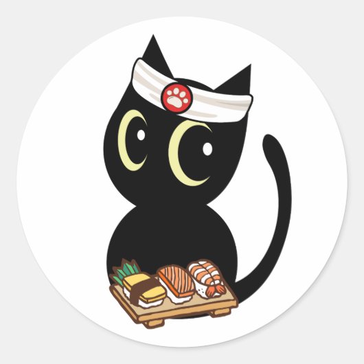 Sticker Rond Funny black cat est un chef sushi (Devant)