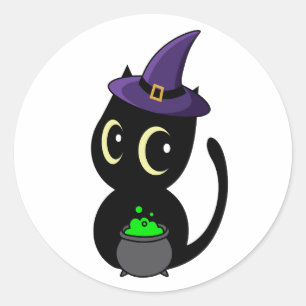 Sticker Rond Funny Black cat est une sorcière
