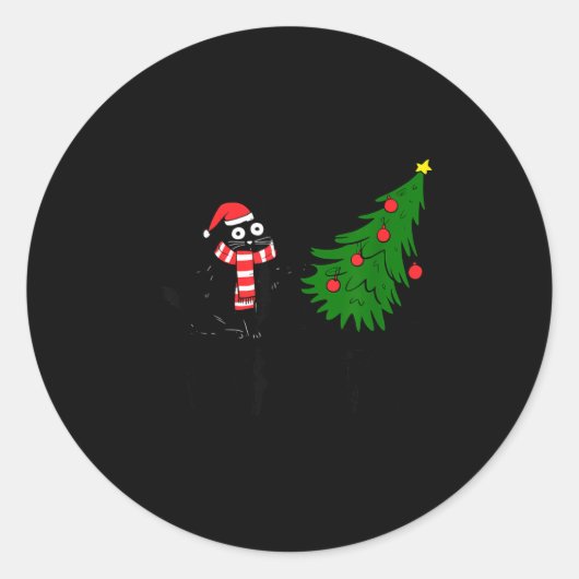 Sticker Rond Funny Black Cat Gift Pushing Christmas Tree Over C (Devant)