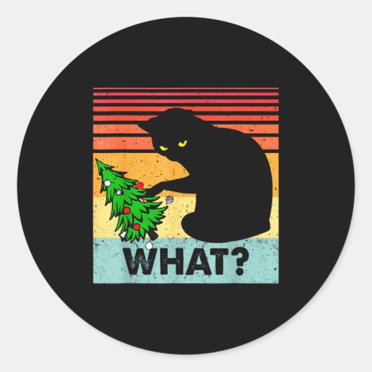 Sticker Rond Funny Black Cat Gift Pushing Christmas Tree Over C (Devant)