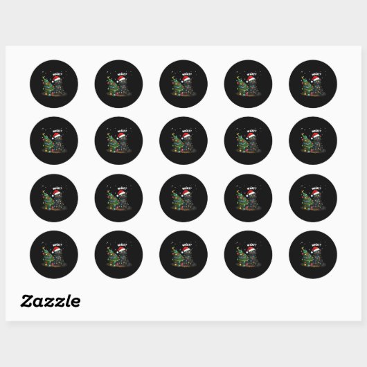 Sticker Rond Funny Black Cat Pushing Christmas Tree (Feuille)