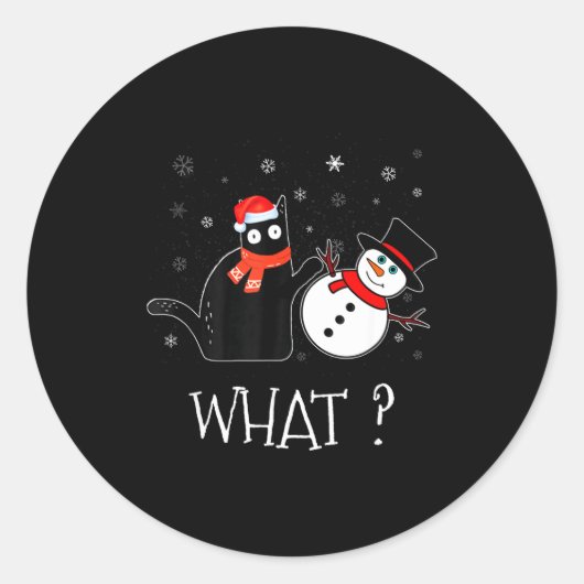 Sticker Rond Funny Black Cat Pushing Snowman Christmas Winter C (Devant)