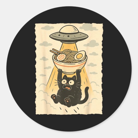 Sticker Rond Funny Black Cat Ufo Ramen Alien Abduction Graphic  (Devant)