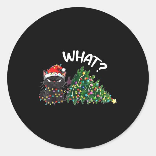 Sticker Rond Funny Black Cat What_ Christmas Tree Funny Cat Lov (Devant)