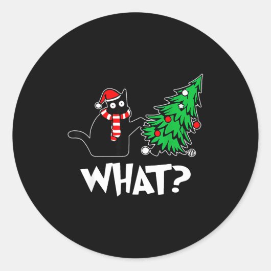 Sticker Rond Funny Black Cat Xmas Pushing Christmas Tree Over C (Devant)