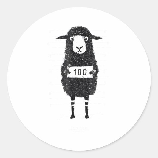 Sticker Rond Funny Black Sheep Mugshot Lost But Found Humor Fun (Devant)