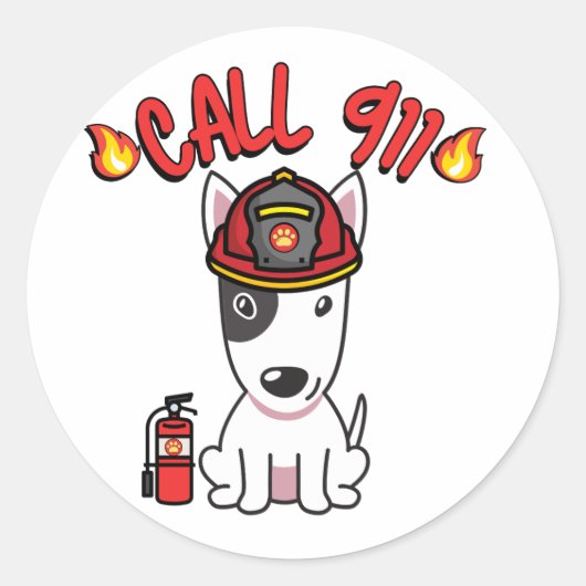 Sticker Rond Funny Bull Terrier chien est pompier (Devant)