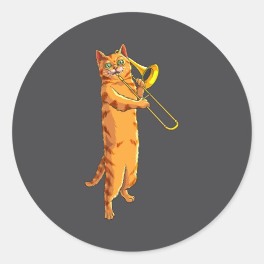 Sticker Rond Funny Cat Playing Trombone Gift Cool Kitten Musici (Devant)