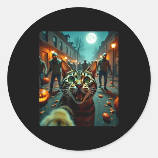 Sticker Rond Funny Cat Selfie Halloween Zombies Humor  (Devant)