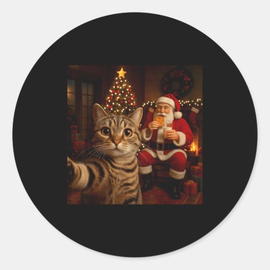 Sticker Rond Funny Cat Selfie Santa Claus Eating Cookies Christ (Devant)