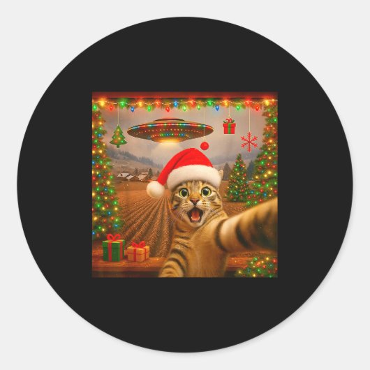 Sticker Rond Funny Cat Selfie With Alien Ufo Christmas Lights S (Devant)