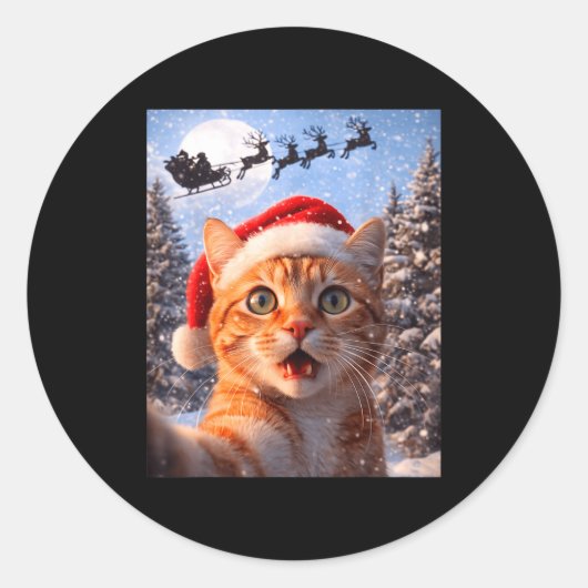 Sticker Rond Funny Cat Selfie With Santa Claus Christmas Men Wo (Devant)