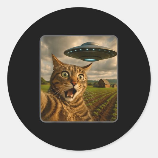 Sticker Rond Funny Cat Selfie With Ufo Alien Meme (Devant)