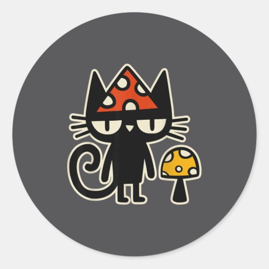 Sticker Rond Funny Cat With Mushroom Hat Black Cat With Toadsto (Devant)