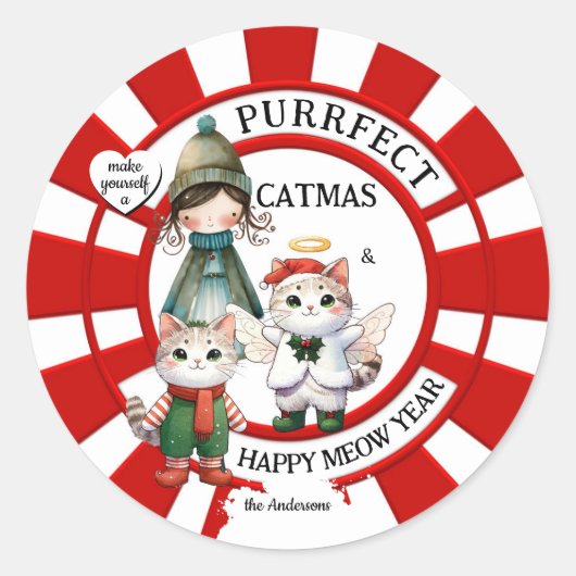 Sticker Rond Funny Cats Crazy Cat Lady Cute Christmas (Devant)