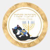 Sticker Rond Funny Chat Gold Menorah juif hébreu Hanoukka (Devant)