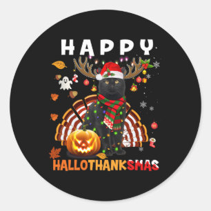 Sticker Rond Funny Chat noir Halloween Chat de Noël Happy Hall