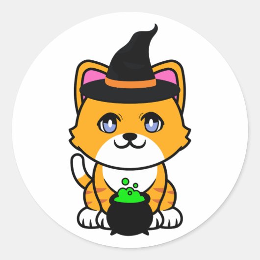 Sticker Rond Funny chat orange est une sorcière (Devant)