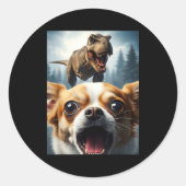 Sticker Rond Funny Chihuahua Dog Selfie With T-rex Women Men Ki (Devant)
