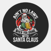 Sticker Rond Funny Christmas Beer Drinking With Santa Clause (Devant)