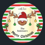 Sticker Rond Funny Christmas Deer Red and Green Stried Custom<br><div class="desc">Zaubershirts Designs - Un joli dessin humoristique de Noël avec un joli dessin animé de cerfs et un cadre rayé traditionnel rouge et vert avec un arrière - plan à effet or. customisez facilement ces autocollants de Noël à votre nom ou texte. Pour une personnalisation supplémentaire, envoyez-moi un message ci-dessous....</div>