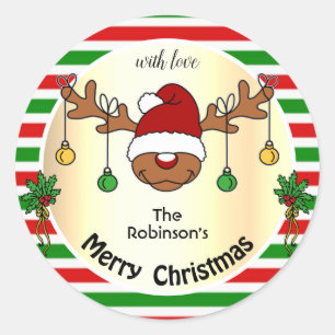 Sticker Rond Funny Christmas Deer Red and Green Stried Custom