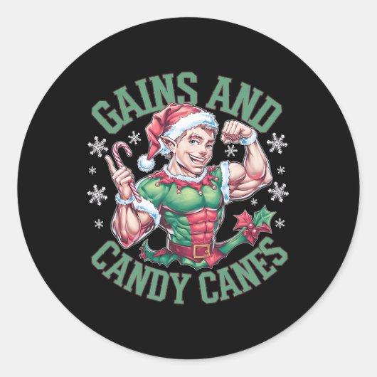 Sticker Rond Funny Christmas Elf Gym Workout Gains And Candy Ca (Devant)