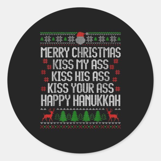 Sticker Rond Funny Christmas Kiss My Happy Hanukkah Humor  (Devant)