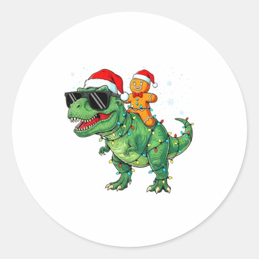 Sticker Rond Funny Christmas T Rex Dinosaur Gingerbread Lights (Devant)