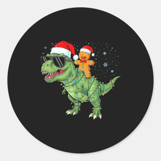 Sticker Rond Funny Christmas T Rex Dinosaur Gingerbread Lights (Devant)