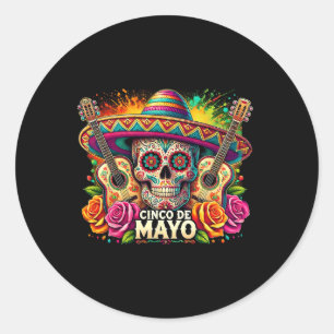 Sticker Rond Funny Cinco De Mayo Skeleton Skull Fiesta Sombrero