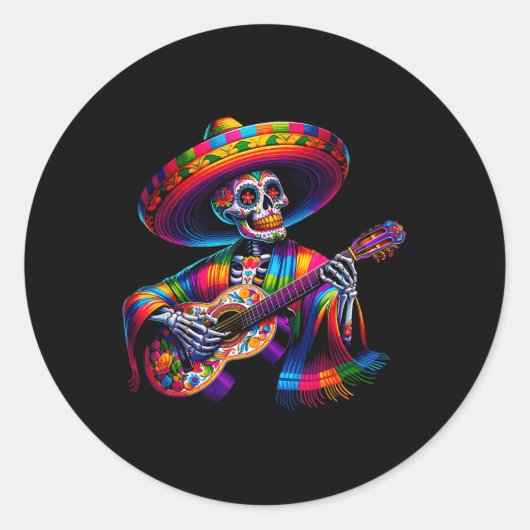 Sticker Rond Funny Cinco De Mayo Skeleton Skull Fiesta Sombrero (Devant)