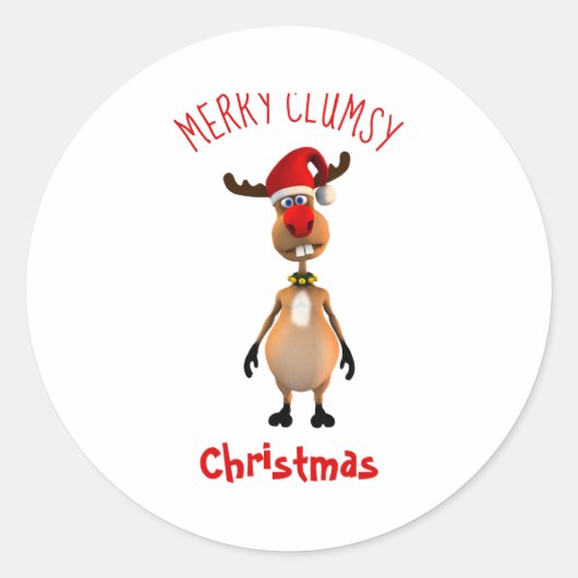 Sticker Rond Funny Clumsy Reindeer Merry Christmas  (Devant)