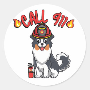 Sticker Rond Funny Collie chien est pompier