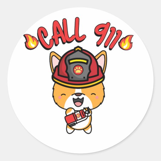Sticker Rond Funny Corgi chien est pompier (Devant)